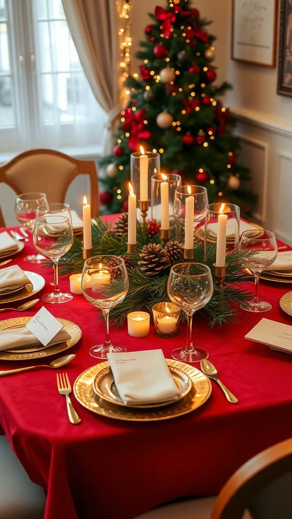 A festive Christmas table setting with red tablecloth, elegant dinnerware, candles, and a natural centerpiece.
